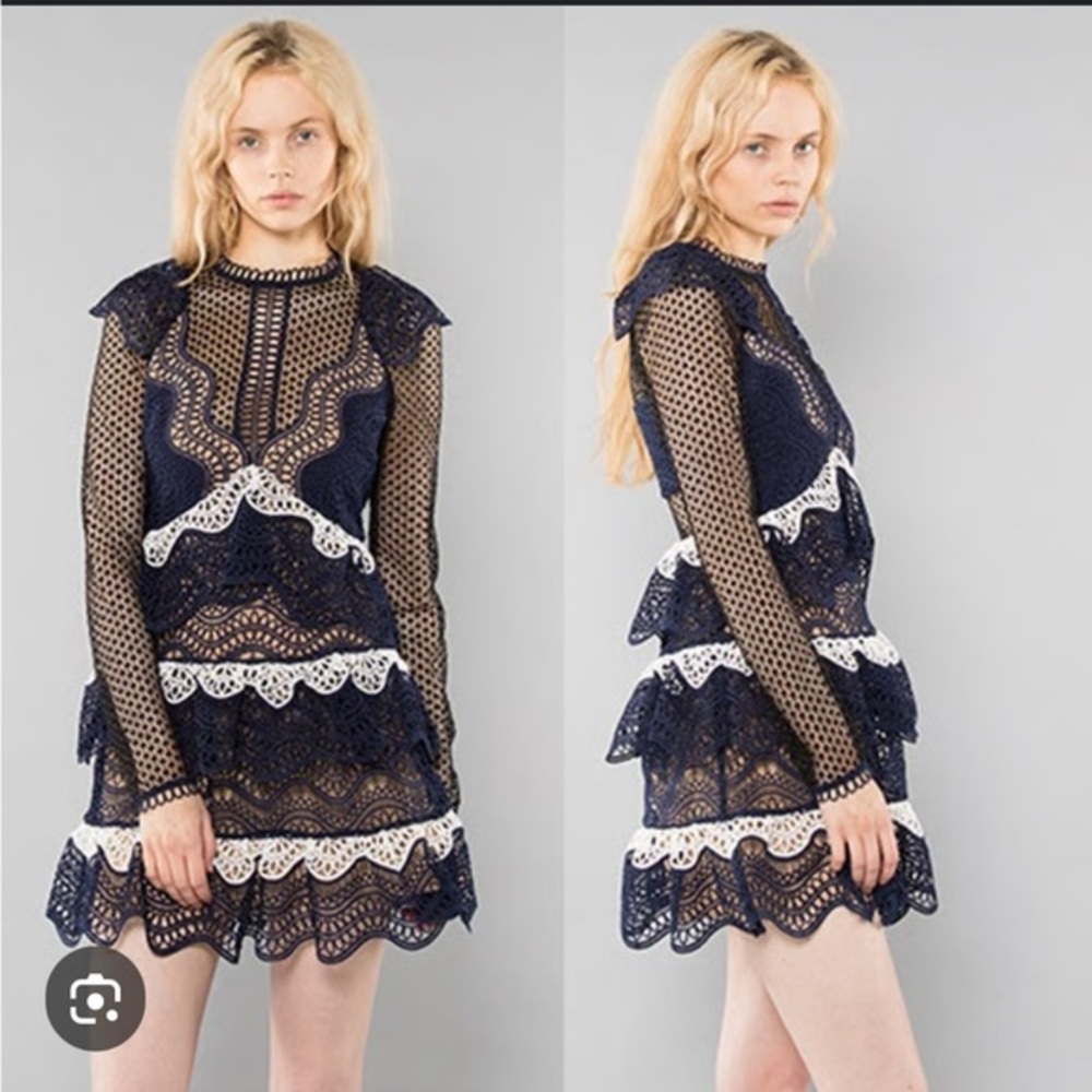 Self-Portrait Ruffle Wave Guipure Lace Mini Dress in Blue